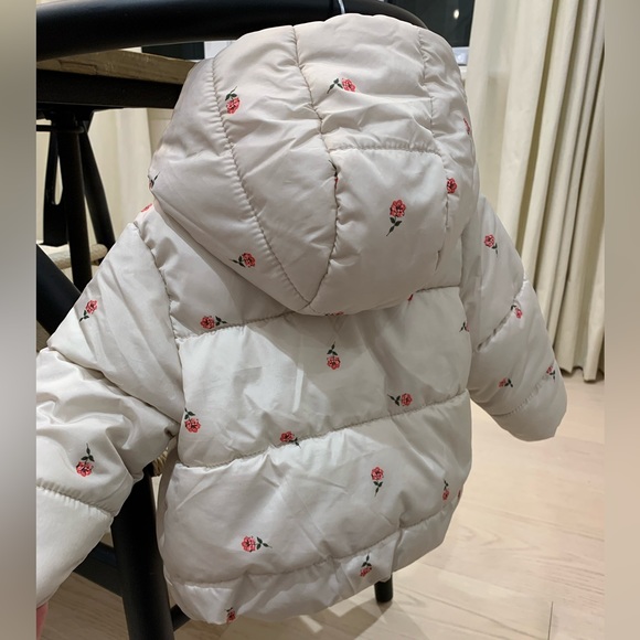 Water-resistant frost-free puffer jacket, Beige/Pink, Floral, Hood (12-18 mon) - Picture 4 of 6
